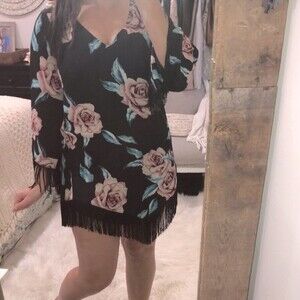 Show me Your Mumu size medium black floral fringe dress